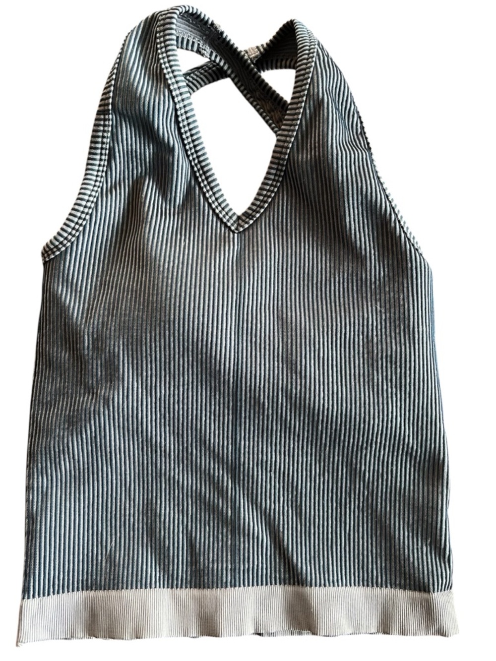Pinky & Kamal Striped Ribbed V-Neck Crop Workout Tank Top - Black & White XS Bra